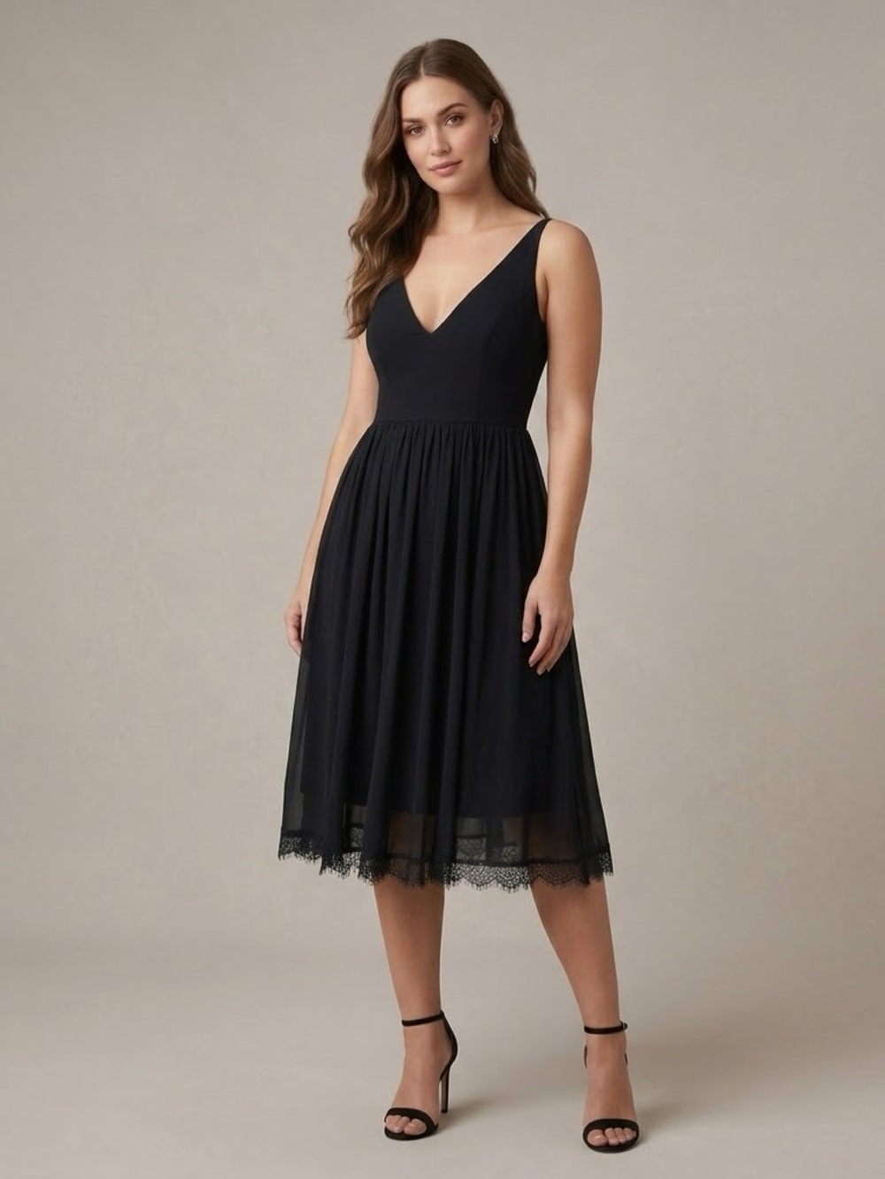 NWT Dress The Population Black Lace Trim Midi Dress M Cocktail Party Tie Waist